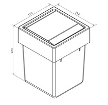 Dessin technique d'une poubelle avec les dimensions 176 millimètres par 174 millimètres par 229 millimètres.