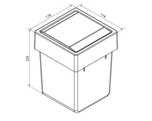 Dessin technique d'une poubelle avec les dimensions 176 millimètres par 174 millimètres par 229 millimètres.
