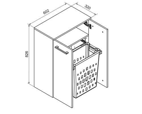 Dessin technique d'un meuble à linge avec panier intégré: hauteur 826 millimètres, largeur 602 millimètres et profondeur 320 millimètres.