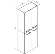 Croquis coté d'une armoire haute à quatre portes. Dimensions: hauteur 1620 millimètres, largeur 600 millimètres, profondeur 318 millimètres.