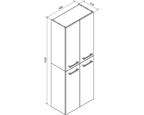 Croquis coté d'une armoire haute à quatre portes. Dimensions: hauteur 1620 millimètres, largeur 600 millimètres, profondeur 318 millimètres.