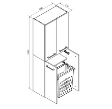 Croquis coté d'une armoire haute avec panier à linge intégré, largeur 600 millimètres, hauteur 1620 millimètres, profondeur 318 millimètres.