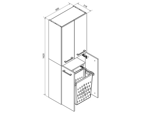 Croquis coté d'une armoire haute avec panier à linge intégré, largeur 600 millimètres, hauteur 1620 millimètres, profondeur 318 millimètres.