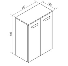 Croquis coté d'un meuble à deux portes avec les dimensions : hauteur 826 millimètres, largeur 602 millimètres et profondeur 320 millimètres.