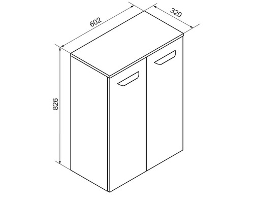 Dessin technique d'une armoire à deux portes avec les dimensions : hauteur 826 millimètres, largeur 602 millimètres, profondeur 320 millimètres.