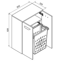 Dessin technique d'un meuble de salle de bain avec panier à linge : hauteur 826 millimètres, largeur 602 millimètres, profondeur 320 millimètres.