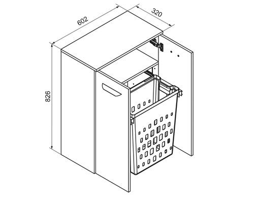 Dessin technique d'un meuble de salle de bain avec panier à linge : hauteur 826 millimètres, largeur 602 millimètres, profondeur 320 millimètres.