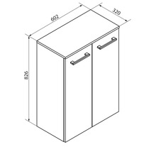 Dessin technique d'un meuble à deux portes avec dimensions: largeur 602 millimètres, profondeur 320 millimètres, hauteur 826 millimètres.