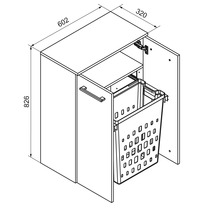 Dessin technique d'un meuble à linge avec panier intégré, hauteur 826 millimètres, largeur 602 millimètres, profondeur 320 millimètres.