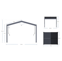 Dessin technique d'un pavillon avec toit à deux pans: largeur 399 centimètres, profondeur 308 centimètres, hauteur totale 282 centimètres.