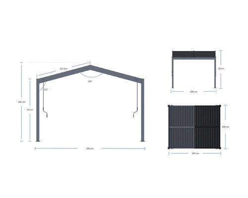 Dessin technique d'un pavillon avec toit à deux pans: largeur 399 centimètres, profondeur 308 centimètres, hauteur totale 282 centimètres.