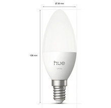 Ampoule LED Philips Hue White en forme de bougie avec culot E14, diamètre 39 millimètres et longueur 106 millimètres.