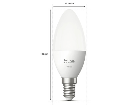 Ampoule LED Philips Hue White en forme de bougie avec culot E14, diamètre 39 millimètres et longueur 106 millimètres.