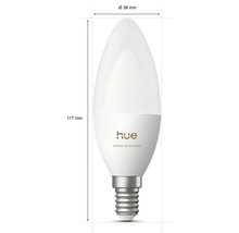Ampoule LED flamme Philips Hue E14 White and Color Ambiance, hauteur 117 millimètres, diamètre 39 millimètres.