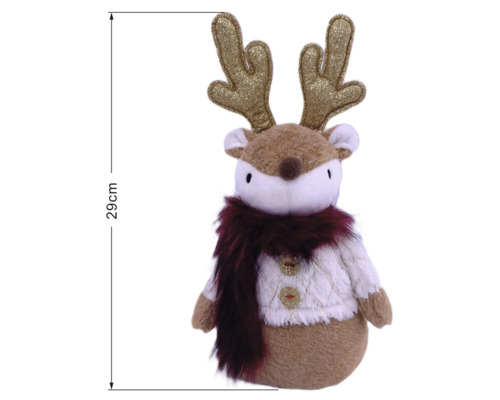 Weihnachts-Plüschrentier mit glitzerndem Geweih, weissem Pullover und weinrotem Schal, Höhe 29 Zentimeter.