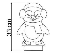 Schéma d'un pingouin décoratif avec bonnet, cache-oreilles et écharpe, hauteur 33 centimètres.