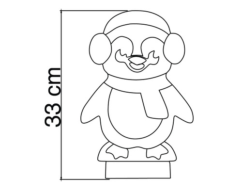 Schéma d'un pingouin décoratif avec bonnet, cache-oreilles et écharpe, hauteur 33 centimètres.