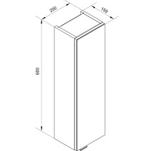 Dessin technique d'une armoire latérale étroite avec les dimensions hauteur 680 millimètres, largeur 200 millimètres et profondeur 159 millimètres.