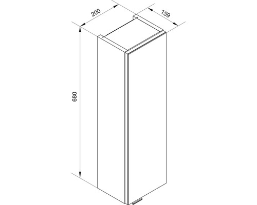 Dessin technique d'une armoire latérale étroite avec les dimensions hauteur 680 millimètres, largeur 200 millimètres et profondeur 159 millimètres.