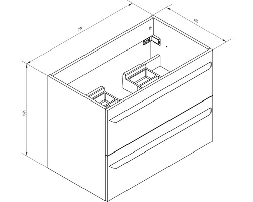 Dessin technique d'un meuble sous-vasque avec deux tiroirs, largeur 794 millimètres, profondeur 450 millimètres, hauteur 603 millimètres.