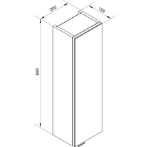 Dessin technique d'un meuble de salle de bain étroit avec les dimensions 680 millimètres de hauteur, 200 millimètres de largeur et 159 millimètres de profondeur.