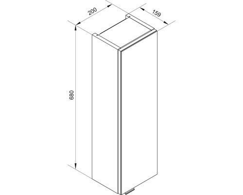 Dessin technique d'un meuble de salle de bain étroit avec les dimensions 680 millimètres de hauteur, 200 millimètres de largeur et 159 millimètres de profondeur.