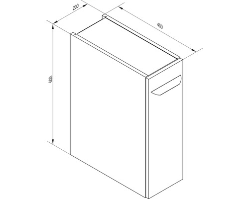 Dessin technique d'un meuble bas de salle de bain étroit, 603 millimètres de hauteur, 450 millimètres de profondeur et 200 millimètres de largeur.