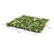 Panneau de plantes artificielles avec fougères et herbes, dimensions 100 sur 100 centimètres, hauteur 7 centimètres.