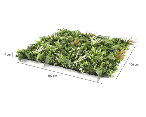 Panneau de plantes artificielles avec fougères et herbes, dimensions 100 sur 100 centimètres, hauteur 7 centimètres.
