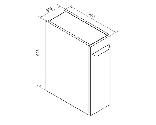 Dessin technique d'un meuble de salle de bain avec les dimensions hauteur 603 millimètres, largeur 200 millimètres, profondeur 450 millimètres.