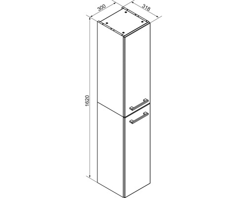 Dessin technique d'un meuble de salle de bain haut avec deux portes, hauteur 1620 millimètres, largeur 300 millimètres, profondeur 318 millimètres.