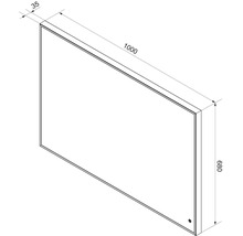 Dessin technique pour un miroir avec les dimensions 1000 millimètres de largeur, 680 millimètres de hauteur et 35 millimètres de profondeur.
