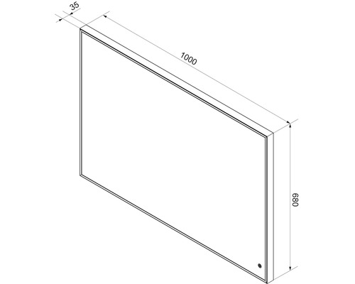 Dessin technique pour un miroir avec les dimensions 1000 millimètres de largeur, 680 millimètres de hauteur et 35 millimètres de profondeur.