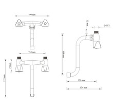 Dessin technique d un robinet à deux poignées avec des dimensions détaillées en millimètres pour les vues de face, de dessus et de profil.