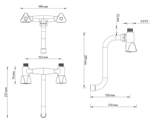 Dessin technique d un robinet à deux poignées avec des dimensions détaillées en millimètres pour les vues de face, de dessus et de profil.