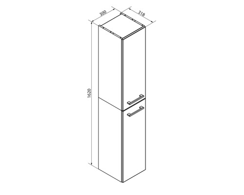Schéma technique armoire haute de salle de bains, hauteur 1620 millimètres, largeur 318 millimètres, profondeur 300 millimètres.