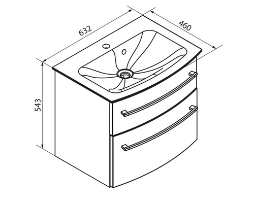 Technische Zeichnung eines Waschplatzes mit Unterschrank und zwei Schubladen, Breite 632 Millimeter, Tiefe 460 Millimeter, Höhe 543 Millimeter.