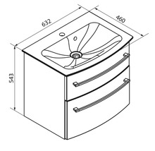 Dessin technique d'un meuble sous-lavabo avec deux tiroirs, largeur 632 millimètres, profondeur 460 millimètres, hauteur 543 millimètres.