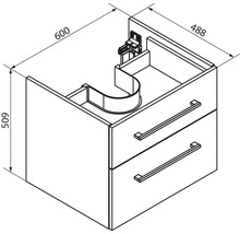 Schéma avec dimensions d'un sous-vasque avec deux tiroirs et découpe pour siphon. Largeur 600, profondeur 488, hauteur 509 millimètres.