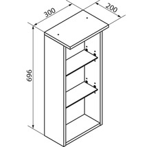 Dessin technique d'un meuble avec trois compartiments, hauteur 696 millimètres, largeur 300 millimètres, profondeur 200 millimètres.