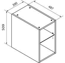 Dessin technique pour un meuble avec dimensions 300 millimètres de largeur, 487 millimètres de profondeur et 509 millimètres de hauteur.