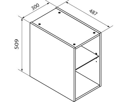 Dessin technique pour un meuble avec dimensions 300 millimètres de largeur, 487 millimètres de profondeur et 509 millimètres de hauteur.