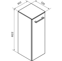 Dessin technique meuble de salle de bain : hauteur 822 millimètres, largeur 320 millimètres, profondeur 302 millimètres.