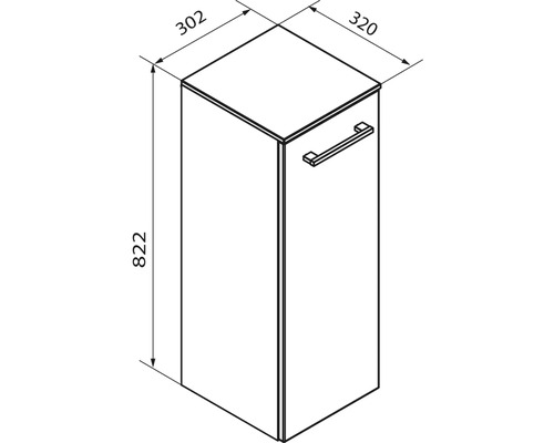 Dessin technique meuble de salle de bain : hauteur 822 millimètres, largeur 320 millimètres, profondeur 302 millimètres.