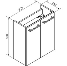 Dessin technique d'un meuble sous-vasque avec deux portes, largeur 520 millimètres, hauteur 600 millimètres, profondeur 243 millimètres.