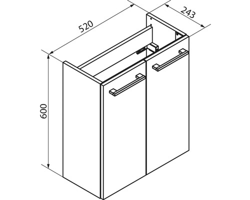 Dessin technique d'un meuble sous-vasque avec deux portes, largeur 520 millimètres, hauteur 600 millimètres, profondeur 243 millimètres.