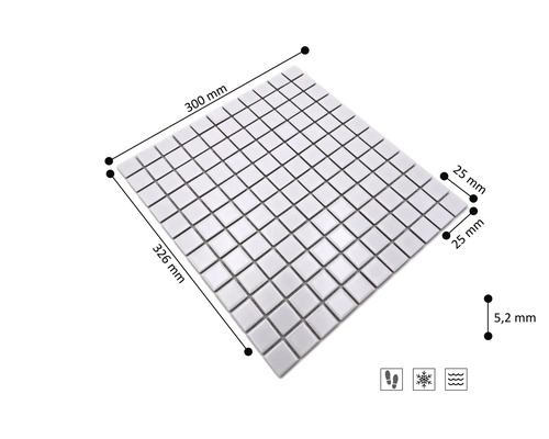 Mosaïque sur trame, 300 par 326 millimètres, carreau 25 par 25 millimètres, épaisseur 5,2 millimètres, antigel, carrelage de sol, zone humide.