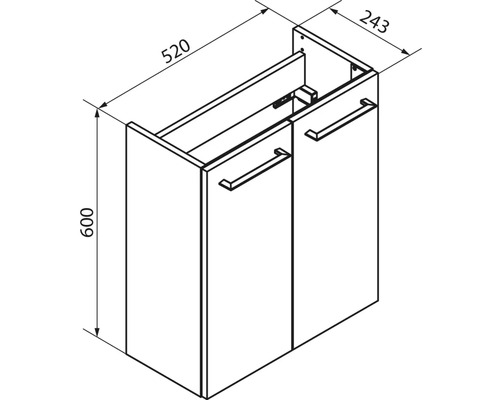Schéma technique d'un meuble sous-vasque avec deux portes et deux poignées, dimensions 520 millimètres de largeur, 600 millimètres de hauteur, 243 millimètres de profondeur