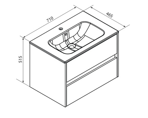 Masszeichnung Waschtischunterschrank mit Waschbecken, Breite 710 Millimeter, Tiefe 465 Millimeter, Höhe 515 Millimeter, zwei Schubladen.