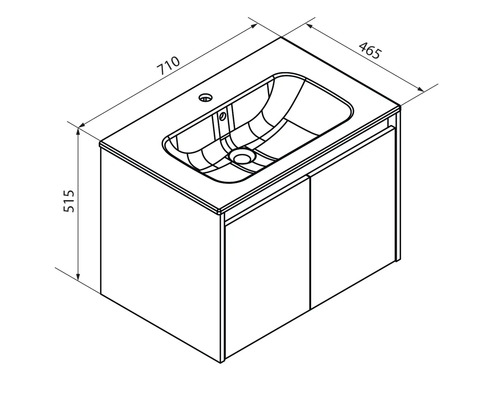 Meuble sous-vasque avec lavabo, largeur 710 millimètres, profondeur 465 millimètres, hauteur 515 millimètres.